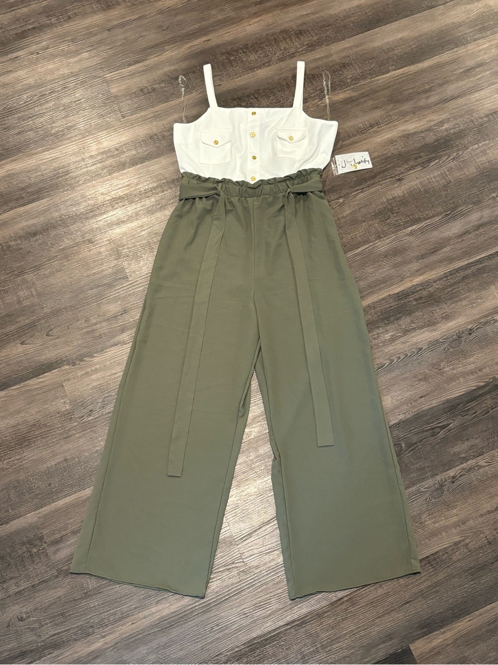 J for Justify Olive Paperbag Waist Jumpsuit with White Bodice